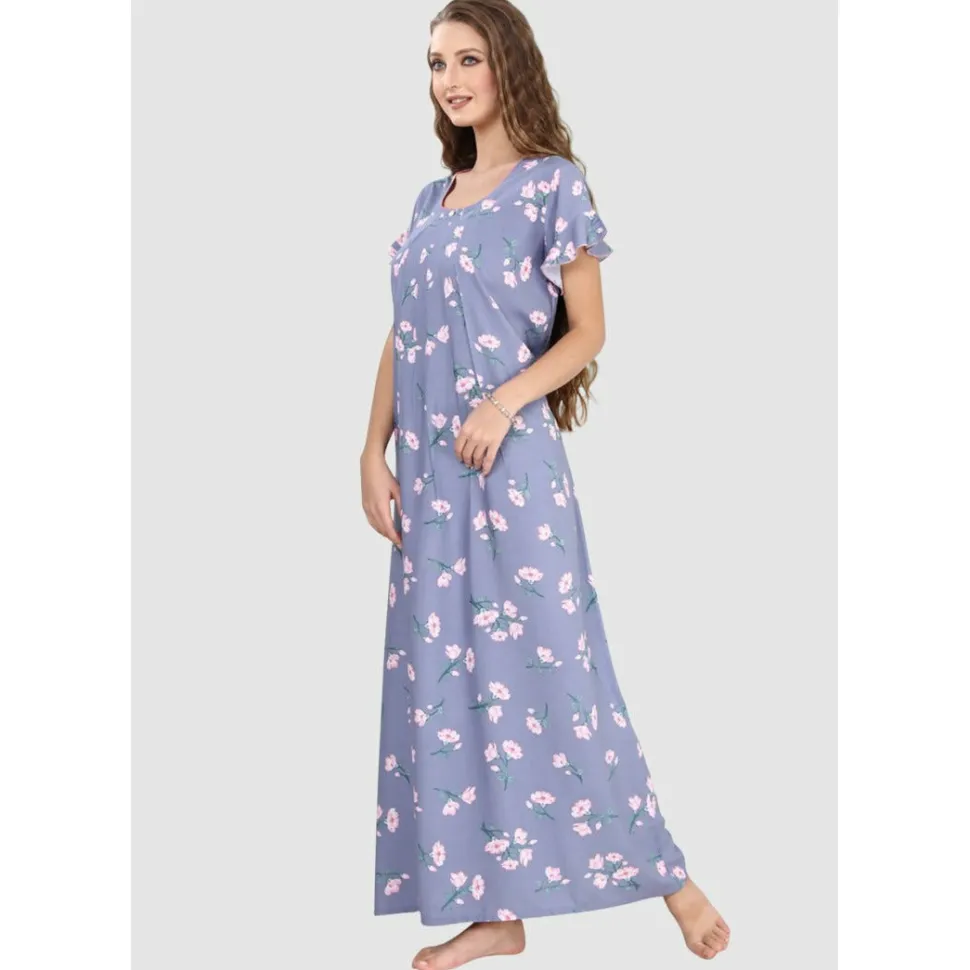 Buy 100% Rayon Short Sleeve Long Floral Nighty