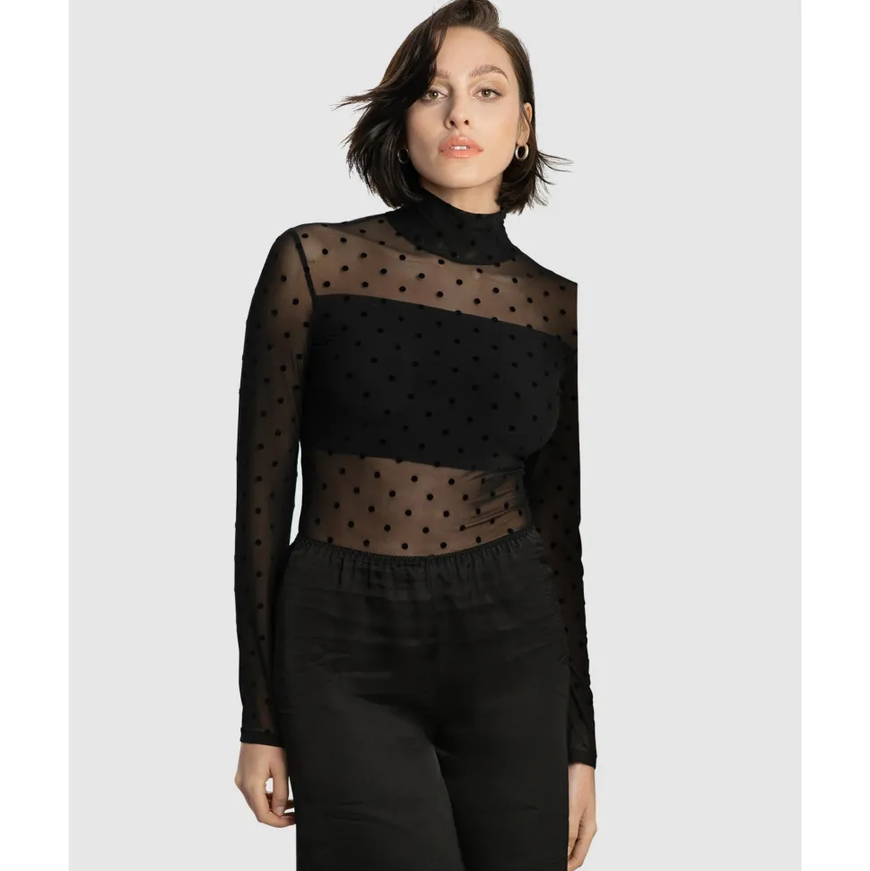 Buy High Neck Sheer Polkadot Long Sleeve Bodysuit