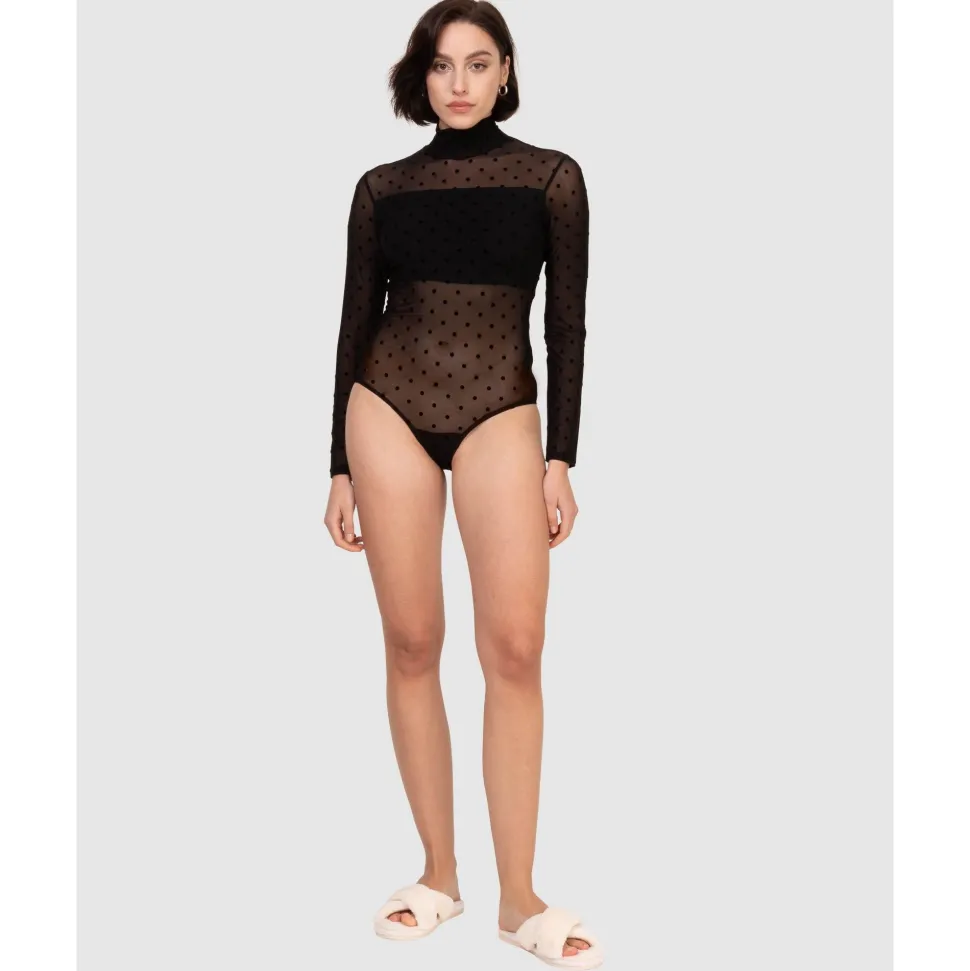 Buy High Neck Sheer Polkadot Long Sleeve Bodysuit