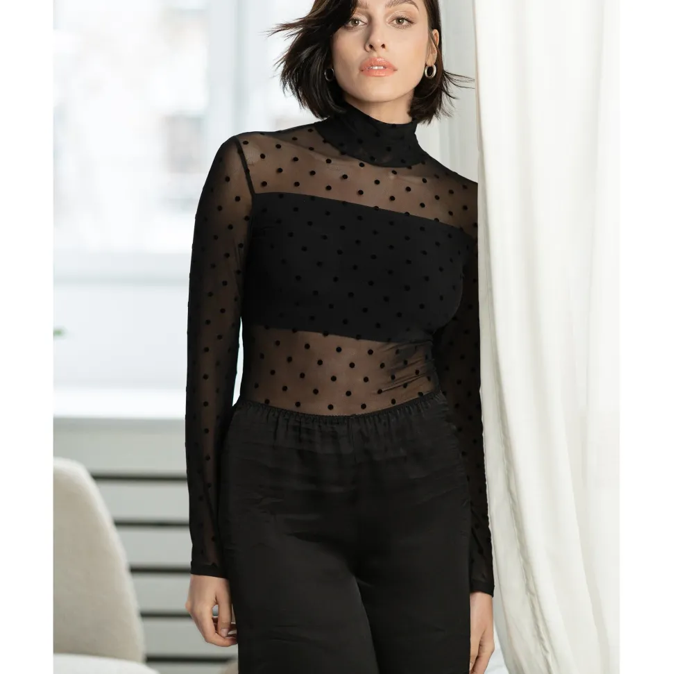 Buy High Neck Sheer Polkadot Long Sleeve Bodysuit