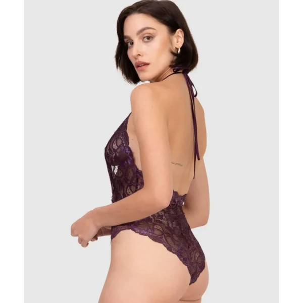 Buy Lace High Leg Halter Lingerie Bodysuit-Plum