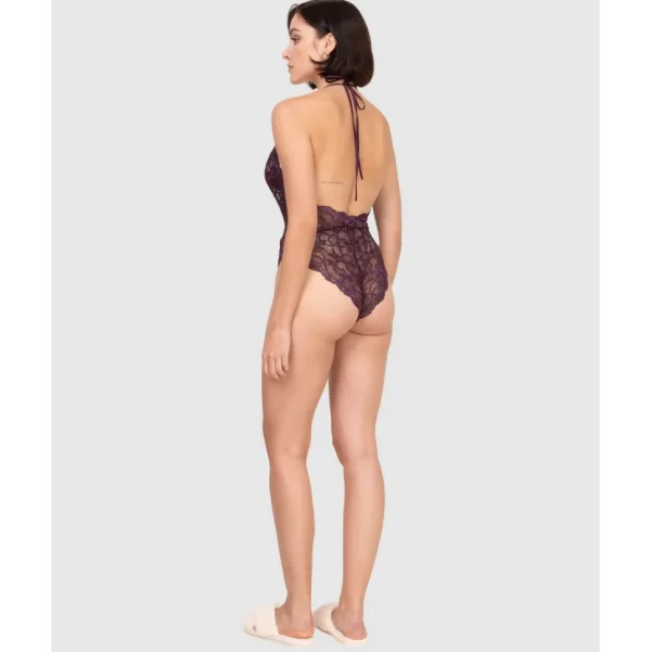 Buy Lace High Leg Halter Lingerie Bodysuit-Plum